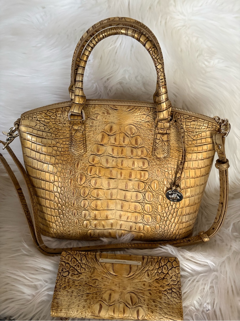 Brahmin Gold Croc-Embossed Satchel Handbag with Matching Wallet. New condition.